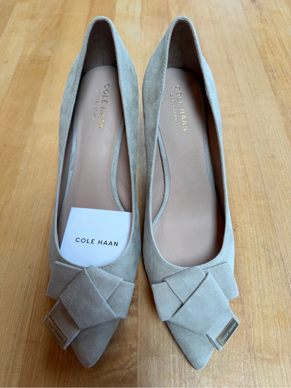 Cole Haan Beige Suede Pointed-Toe Flats with Knotted Detail
